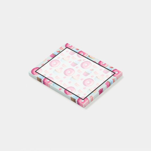 Donuts Macarons en Cupcake Patroon in Waterverf Post-it® Notes (Schuin)