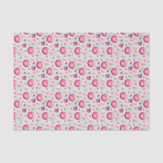 Donuts Macarons en Cupcake Patroon in Waterverf Tissuepapier (Voorkant)