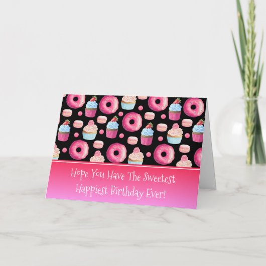 Donuts Macarons en Cupcake Pattern Happy Birthday Kaart (Voorkant)