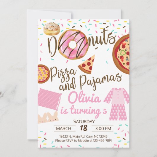 Donuts, pizza en pyjama's, moepover-uitnodiging. kaart (Voorkant)