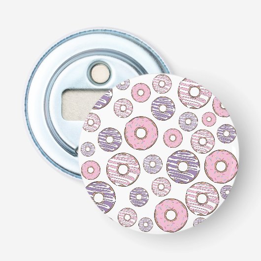 Donuts, roze donuts, Paarse donuts Button Flesopener (Voorkant)