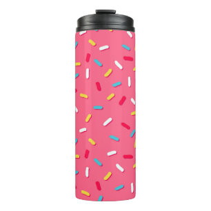 Donut's ruit naadloos patroon, roze achtergrond, t thermosbeker
