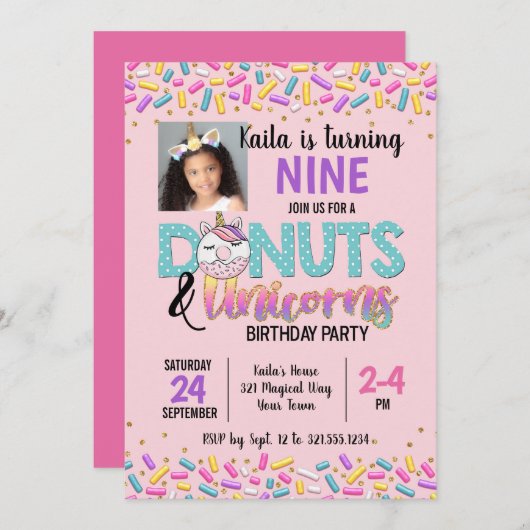 Donuts & Unicorns Threadparty Invitation Kaart (Voorkant / Achterkant)