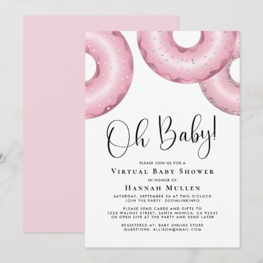 Donuts Virtual Baby shower Pink-uitnodiging Kaart (Voorkant / Achterkant)