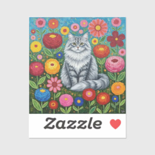 Donzige Grijze Gestreepte Kat met Volkskunst Bloem Sticker