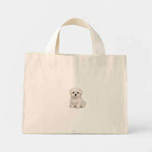 Donzige Witte Maltezer Puppy Portret Schattige Hon Mini Tote Bag