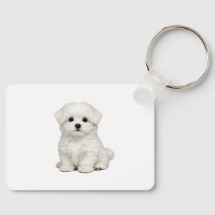 Donzige Witte Maltezer Puppy Portret Schattige Hon Sleutelhanger