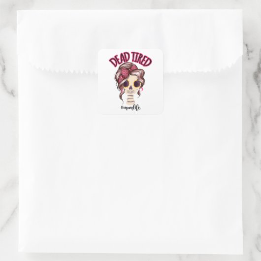 Dood moe mam leven skelet messy bun bandana vierkante sticker (Tas)