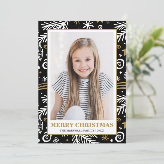 Doodle Black Gold White Pines kerstfoto Kaart (Staand voorkant)
