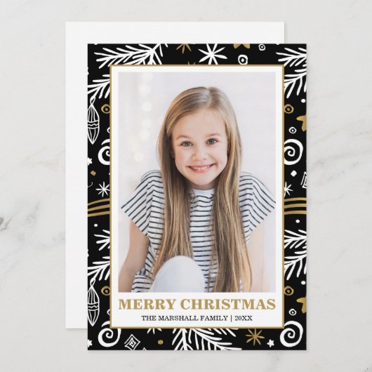 Doodle Black Gold White Pines kerstfoto Kaart (Voorkant / Achterkant)