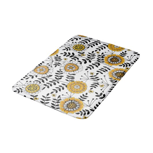Doodle bloemen en bladeren in geel en zwart badmat (Gekanteld)