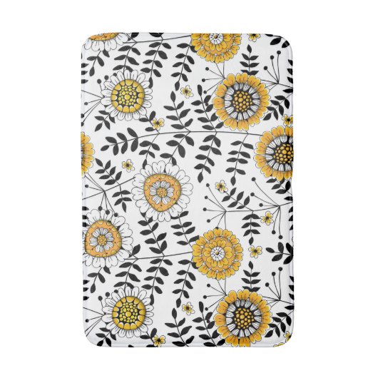 Doodle bloemen en bladeren in geel en zwart badmat (Voorkant Verticaal)