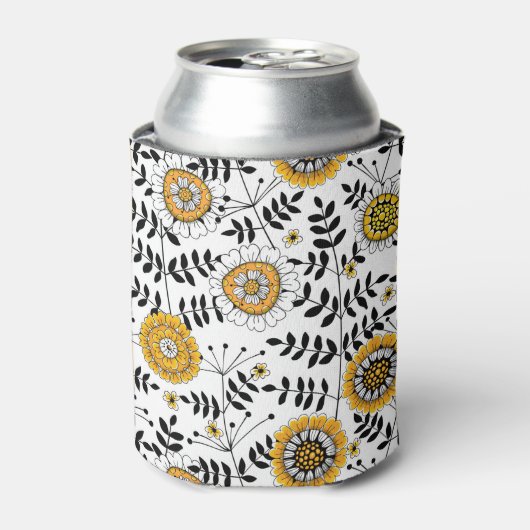 Doodle bloemen en bladeren in geel en zwart blikjeskoeler (Blikje Voorkant)