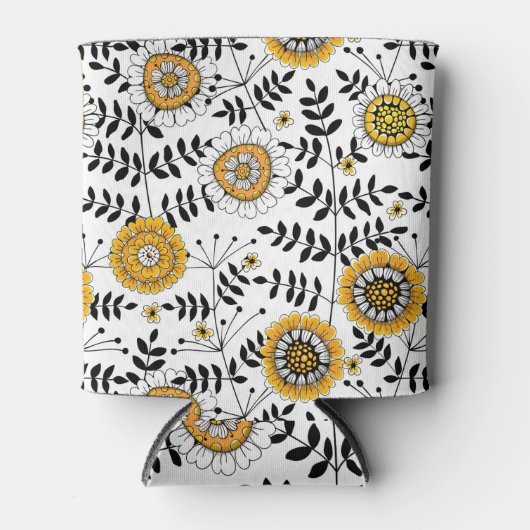 Doodle bloemen en bladeren in geel en zwart blikjeskoeler (Voorkant)