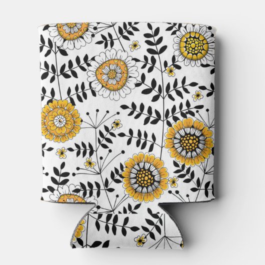 Doodle bloemen en bladeren in geel en zwart blikjeskoeler (Achterkant)