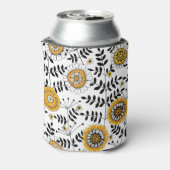 Doodle bloemen en bladeren in geel en zwart blikjeskoeler (Blikje Achterkant)