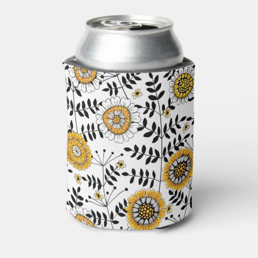 Doodle bloemen en bladeren in geel en zwart blikjeskoeler (Blikje Achterkant)
