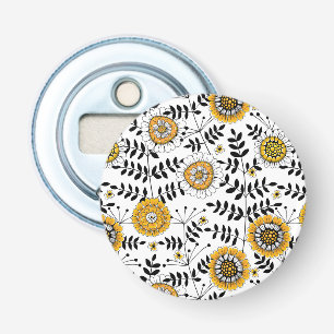 Doodle bloemen en bladeren in geel en zwart button flesopener