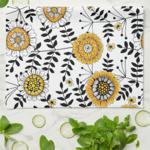 Doodle bloemen en bladeren in geel en zwart theedoek
