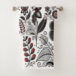 Doodle bloemen en bladeren in rood en zwart bad handdoek