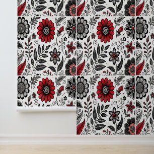 Doodle bloemen en bladeren in rood en zwart behang