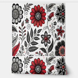 Doodle bloemen en bladeren in rood en zwart behang