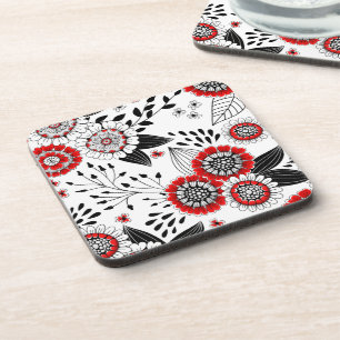 Doodle bloemen en bladeren in rood en zwart bier onderzetter