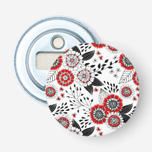 Doodle bloemen en bladeren in rood en zwart button flesopener