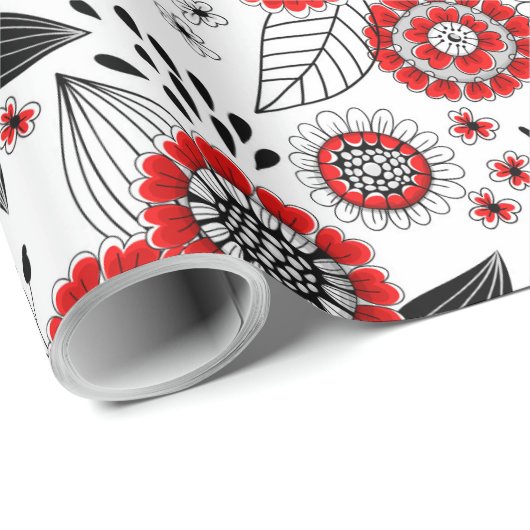Doodle bloemen en bladeren in rood en zwart cadeaupapier (Rol Hoek)
