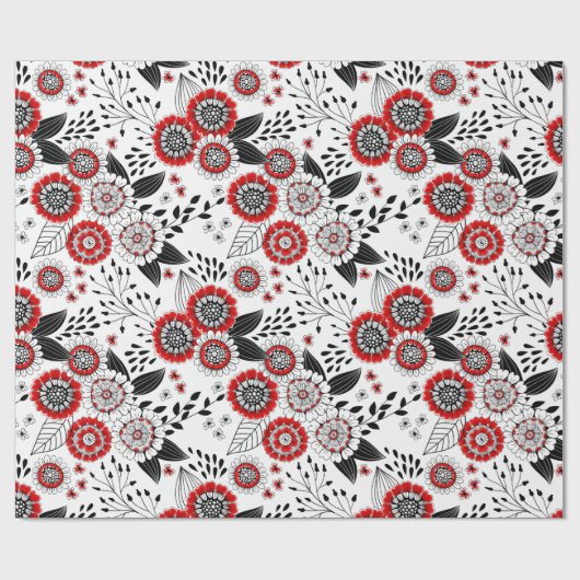 Doodle bloemen en bladeren in rood en zwart cadeaupapier (Vlak)