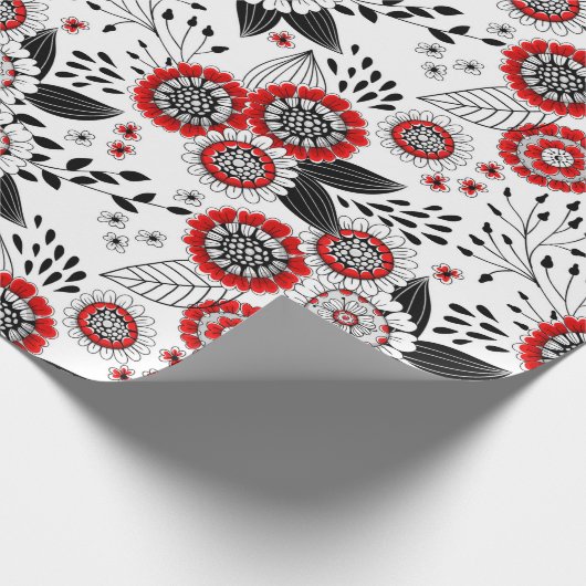 Doodle bloemen en bladeren in rood en zwart cadeaupapier (Hoek)