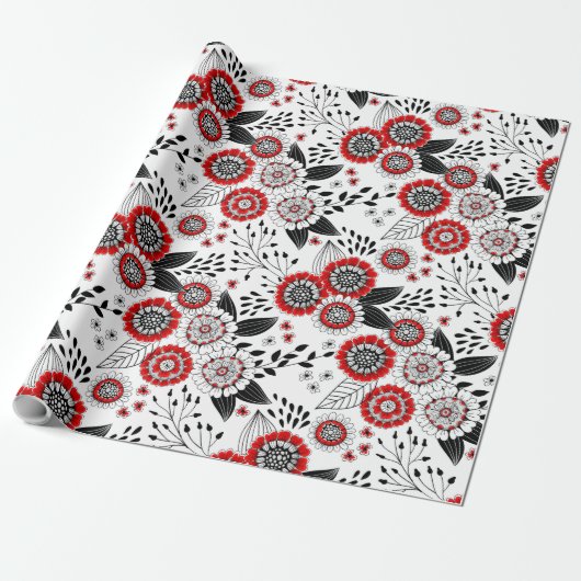 Doodle bloemen en bladeren in rood en zwart cadeaupapier (Uitgerold)
