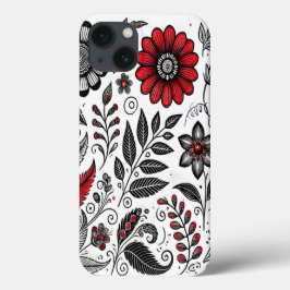 Doodle bloemen en bladeren in rood en zwart iPhone 13 hoesje