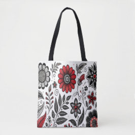 Doodle bloemen en bladeren in rood en zwart draagtas