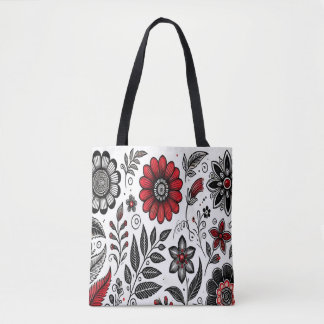 Doodle bloemen en bladeren in rood en zwart draagtas