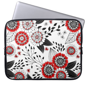 Doodle bloemen en bladeren in rood en zwart laptop sleeve