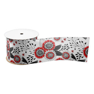 Doodle bloemen en bladeren in rood en zwart lint