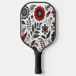 Doodle bloemen en bladeren in rood en zwart pickleball paddle