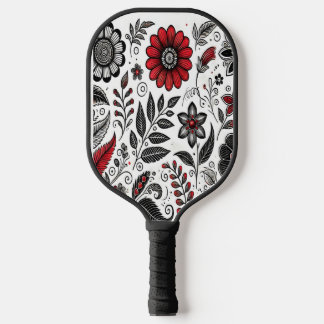 Doodle bloemen en bladeren in rood en zwart pickleball paddle