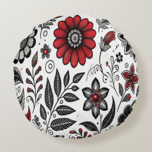 Doodle bloemen en bladeren in rood en zwart rond kussen