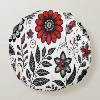 Doodle bloemen en bladeren in rood en zwart rond kussen