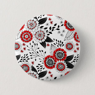 Doodle bloemen en bladeren in rood en zwart ronde button 5,7 cm