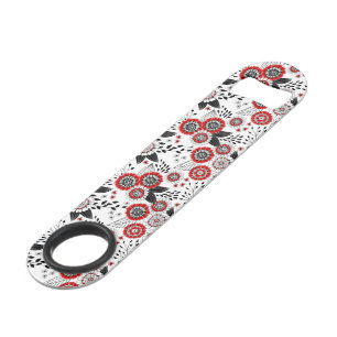 Doodle bloemen en bladeren in rood en zwart speed flessenopener