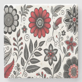 Doodle bloemen en bladeren in rood en zwart stenen onderzetter