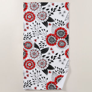 Doodle bloemen en bladeren in rood en zwart strandlaken