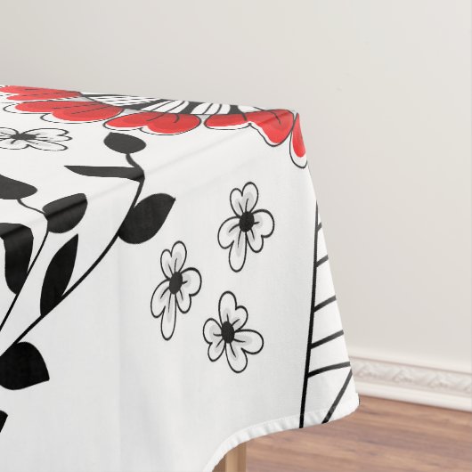 Doodle bloemen en bladeren in rood en zwart tafelkleed (Voorbeeld)