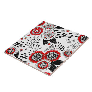 Doodle bloemen en bladeren in rood en zwart tegeltje