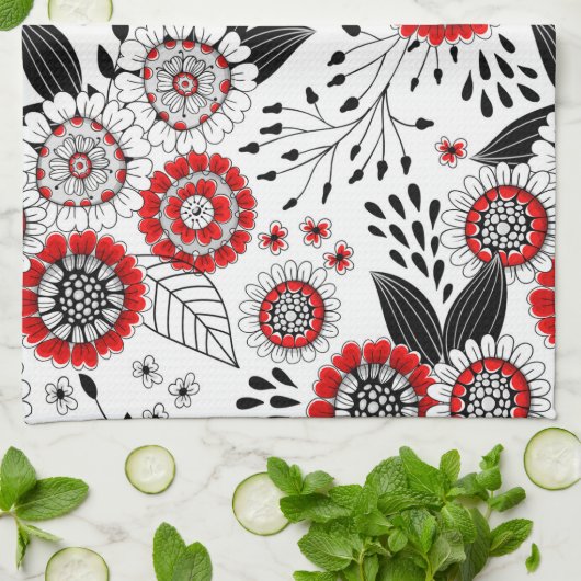 Doodle bloemen en bladeren in rood en zwart theedoek (Gevouwen)