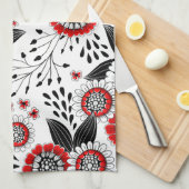 Doodle bloemen en bladeren in rood en zwart theedoek (Quarter Fold)