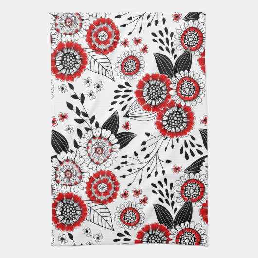 Doodle bloemen en bladeren in rood en zwart theedoek (Verticaal)